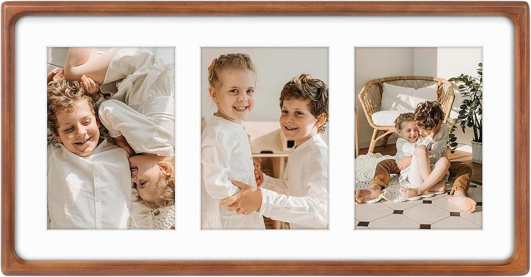 Golden State Art, 5x7 Collage Picture Frame - Solid Wood with Real Glass - Multi Picture Frame for (3) 5x7 Photos or One 9x18 Print - Rounded Corner Design - Collage Wall Decor - Brown