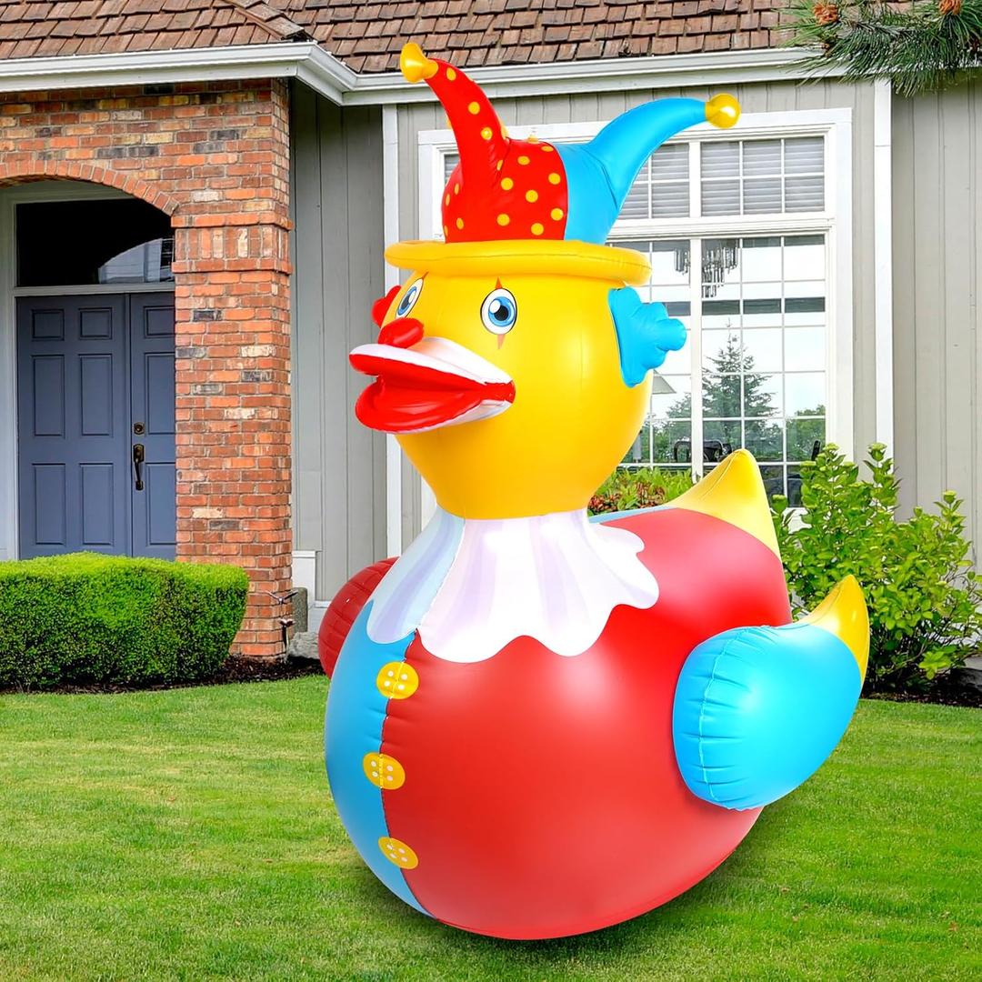 1Pcs 4.6 Feet Giant Inflatable Duck Outdoor Decorations,Huge Blow Up Yard Yellow Duck with Red Blue Clown Cloth Duck Pool Float for Summer Beach Pool Carnival Birthday Party Garden Decor (1Pack)