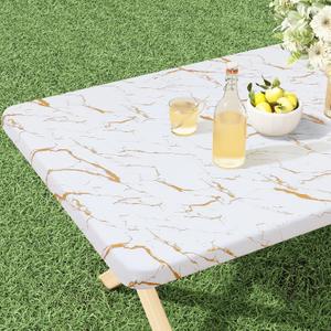 misaya Rectangle Vinyl Flannel Backed Tablecloth, Elastic Waterproof Fitted Table Cover, Plastic Table Cloth Fit 8 Foot Folding Tables for Camping, Picnic, Outdoor (White Gold Marble, 30x96 inch)