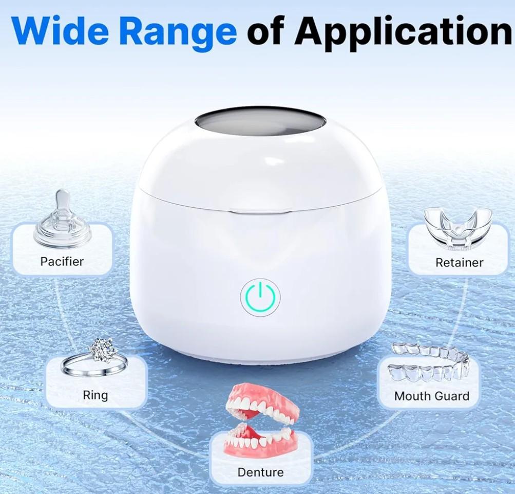 Ultrasonic Retainer Cleaner - UV Dental Cleaning Pod Night Guard Cleaner for Dentures, Aligner, Braces, Toothbrush Heads, Jewelry (White)