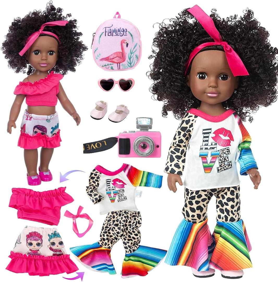 XFEYUE14.5 inch Black Doll and 2 Sets Clothes Accessories, African American Baby Girl Doll Including Glasses, Camera, Bag &Shoes for Kids Girls