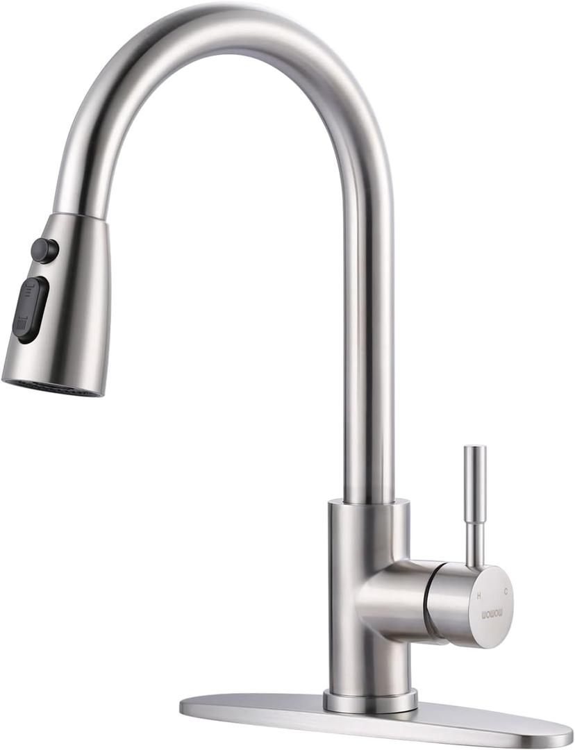 WOWOW Kitchen Faucet with Sprayer, Kitchen Sink Faucet, SUS 304 Stainless Steel, High Arc Single Handle Brushed Nickel Kitchen Faucets with Pull Down Sprayer, Pull Out Kitchen Faucet with Deck Plate (A: Brushed Nickel)