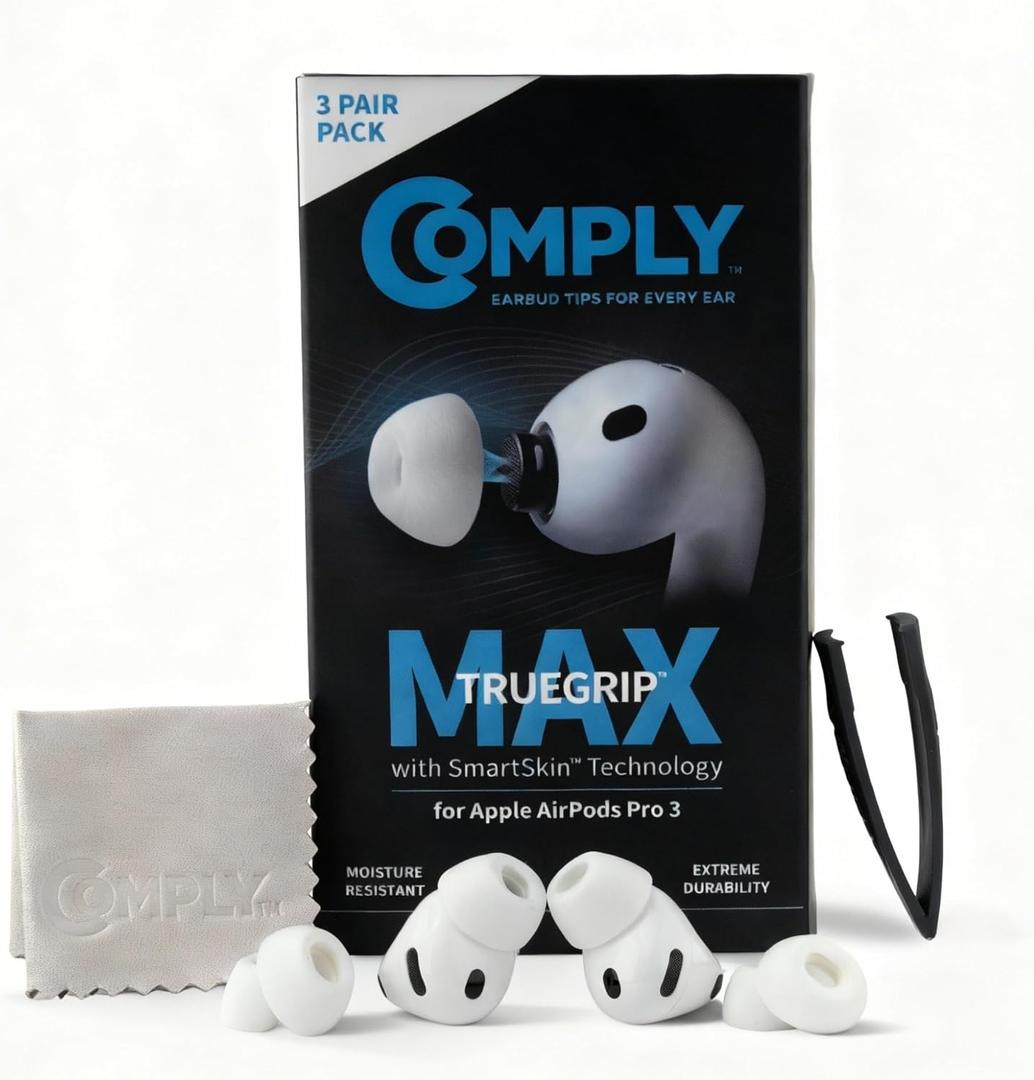 Comply TrueGrip MAX | Premium Memory Foam Replacement Earbud Tips for Apple AirPods Pro Gen 3 | Long Lasting Comfort, MAX Durability, Secure Fit, Superior Noise Isolation| White (Medium) (3 Pairs)