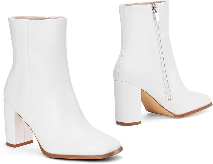 Elisabet Tang Women Ankle Boots 3 Inch Chunky Heel Side Zipper Ankle Booties with Square Toe (6, White)