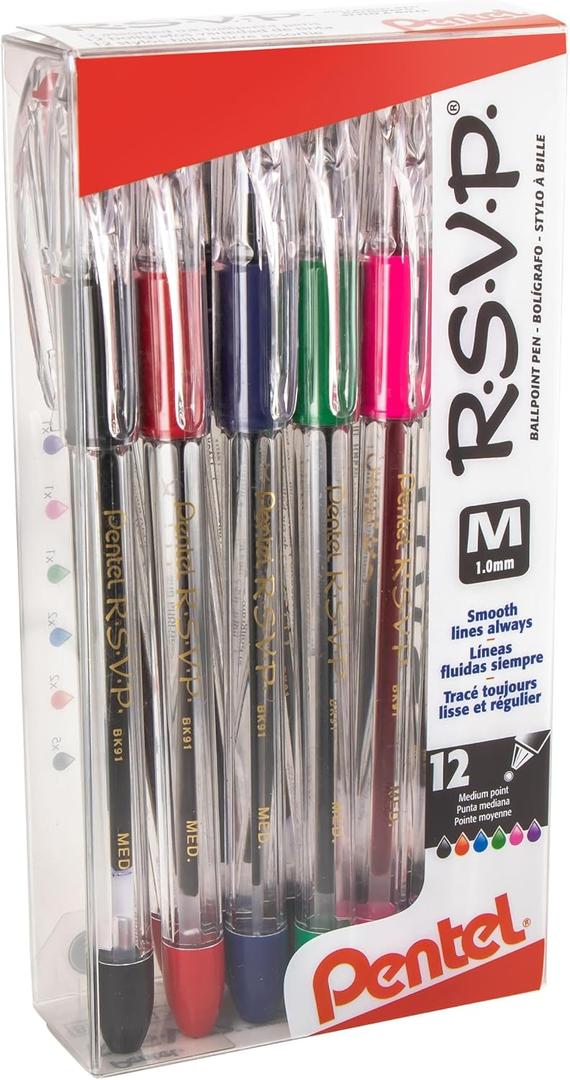 Pentel RSVP Ballpoint Pen, (1.0mm), Medium Line, Mixed Colors (BK91PC12M) (Pack of 1, 12 Count Total)