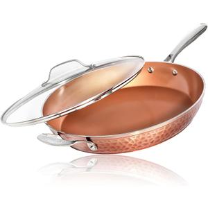 Gotham Steel Hammered Copper 14 Inch Non Stick Frying Pan with Lid, Nonstick Frying Pan with Ceramic Coating and Induction Plate for Even Heating, Oven / Dishwasher Safe, 100% Healthy & Non Toxic