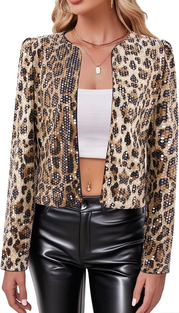 TYNORA Womens Sequin Jackets Long Sleeve Open Front Coat Glitter Short Blazer Casual Coat Party Club, Medium, Leopard