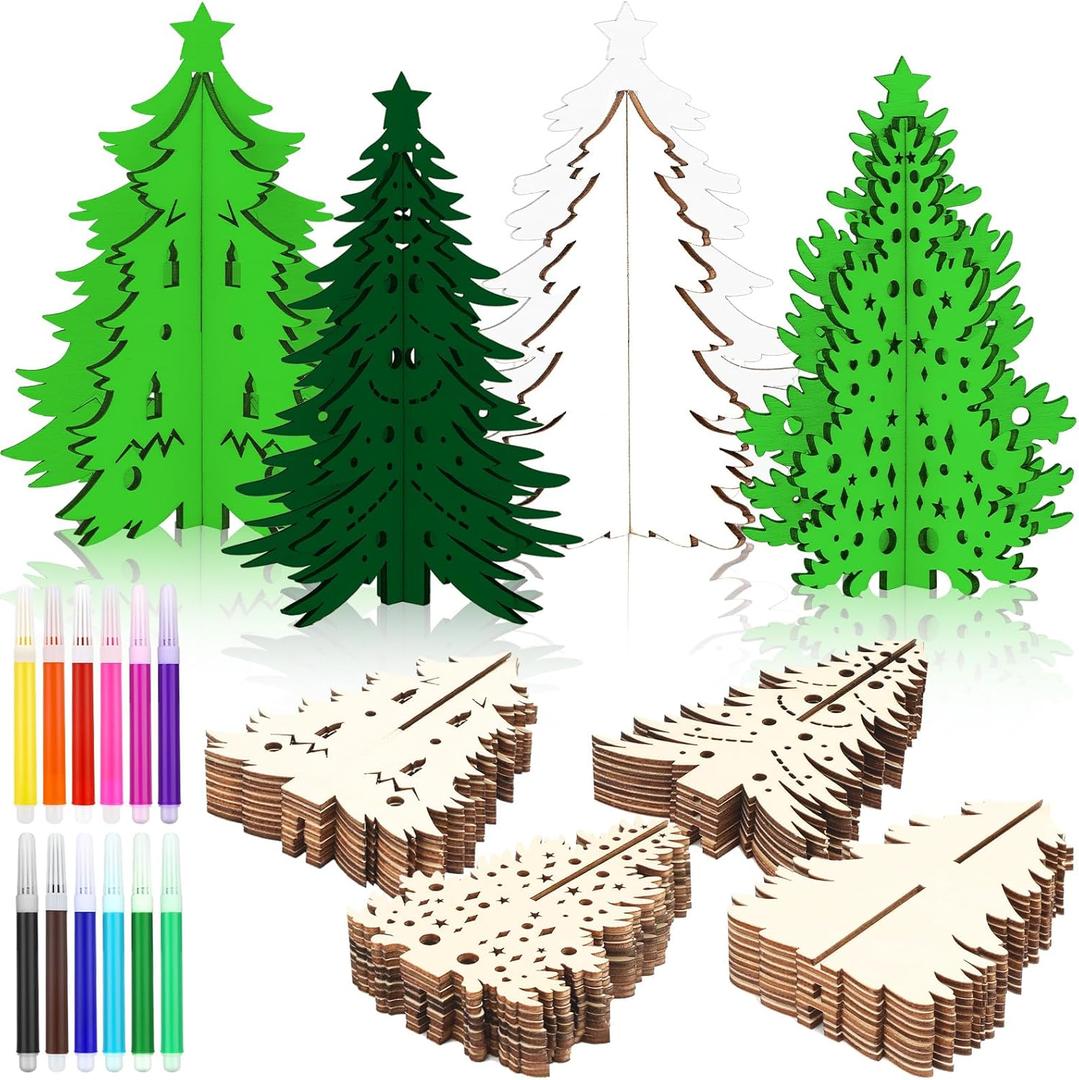 Blosssound 48 Pcs Christmas Craft Set 36 Pcs 3D Wood Tree Cutouts Wooden Unfinished Tree Slices to Paint with 12 Colored Markers for Winter Xmas Xmas DIY Handmade Projects Tiered Tray Decor