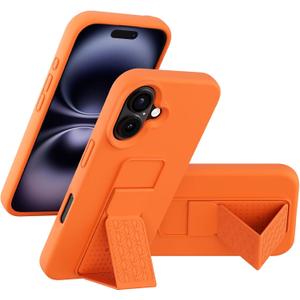 LAUDTEC Silicone Kickstand Case Compatible with iPhone 16, Vertical and Horizontal Stand Hand Strap Metal Kickstand Cover, Flexible Soft Liquid Silicone Stand Case for iPhone 16 (Orange)