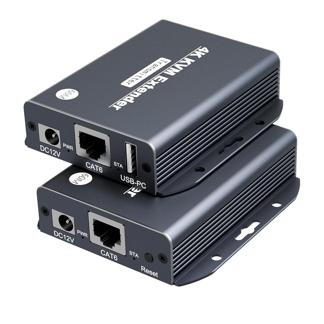 4K HDMI KVM Over Ethernet Extender Balun Over CAT5e/6/7 Cable 4K@60Hz Upto 200 Feet, Supports Keyboard and Mouse USB HDMI Loop Out HDCP2.2, Power Over Cable Zero-Lantency