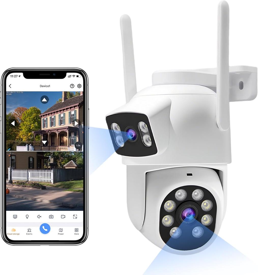 Dual-Lens Wireless Security Camera Outdoor, 2K HD 6MP View, Indoor WiFi Connection, Smart Night Vision, Ai Motion Detection and Tracking, Light and Siren Alarm, 64G SD Card (Included)