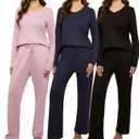 Real Essentials 3 Pack Women's Soft Cotton Long Sleeve Pajama Set with Pants - Lounge Sets for Women (XX-Large)