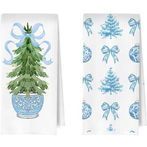 Chinoiserie Christmas Kitchen Towels Set - Blue Bow Coquette Christmas Tree Dish Towels, Blue Christmas Hand Towel for Bathroom Kitchen, Grandmillennial Decor, 16x24 Inches Set of 2