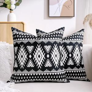 Boho Throw Pillow Covers Black 18x18 Set of 2 Square Neutral White Accent Farmhouse Pillowcase Double Sided Pattern Vintage Antique Ethnic Decor Pillow Case for Sofa, Couch, Living Room