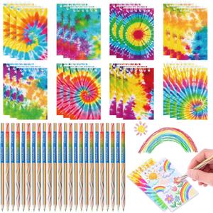 Pajean 48 Pcs Mini Tie Dye Notepads Multicolor 4-in-1 Rainbow Pencils (pre-sharpened) Spiral Pocket Notebooks Fun Colored Pencil Back to School Gifts Classroom Rewards Birthday Party Favors