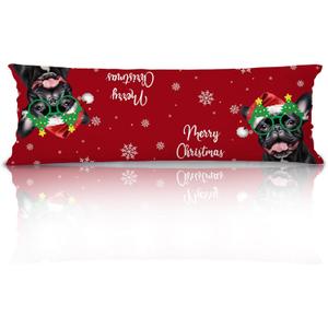 Christmas French Bulldog 20x54 Body Pillow Cover, Frenchie Gifts for Women, Funny Christmas Frenchie Dog Winter Snowflake Decorative Red Long Pillow Cases for Bed Couch (Color 12)