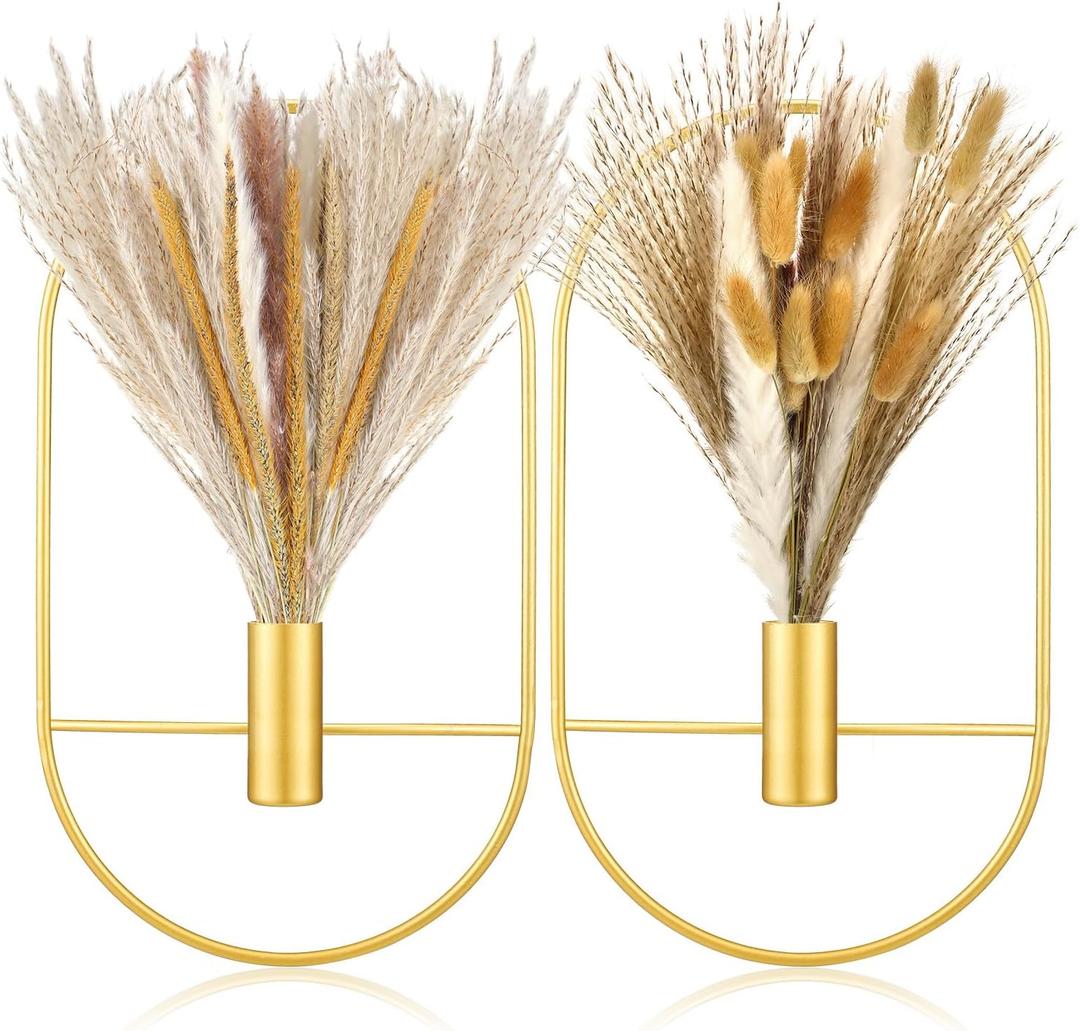 Peryiter 2 Pcs Gold Wall Decor Boho Pampas Wall Decor Hanging Planters with Artificial Pampas Wall Mounted Metal Modern Home Decor Display Wall Art Bedroom Bathroom Living Room(Boho Oval)