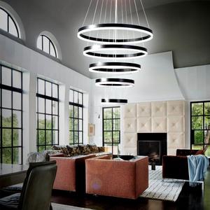 LEDModern Led 5 Rings Black Chandelier for Dining Room,Dimmable with Remote,Acrylic Adjustable Circle Lighting Fixture Ceiling Hanging Modern LED Pendant Light (Large,D23.6",5r)