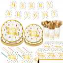 Baderke 195 Pcs Christmas Party Supplies Merry Bright Disposable Tableware Set Gold Christmas Plates Tablecloth Banner Napkins Cups Forks Knife Spoon Friendsmas Xmas Holiday Decorations for 24 Guests