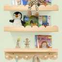Nursery Shelves for Wall with Hooks-Scalloped Wall Book Shelves for Bedroom Kids Set of 3, Nursery Furniture Must Have, 16 Inch, Natural