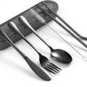 Portable Utensils Set with Case, 4pcs Stainless Steel Reusable Silverware for Lunch Camping School Picnic Workplace, Lunch Box Includes Fork Spoon Knife, Easy to clean, Dishwasher Safe (Gray)