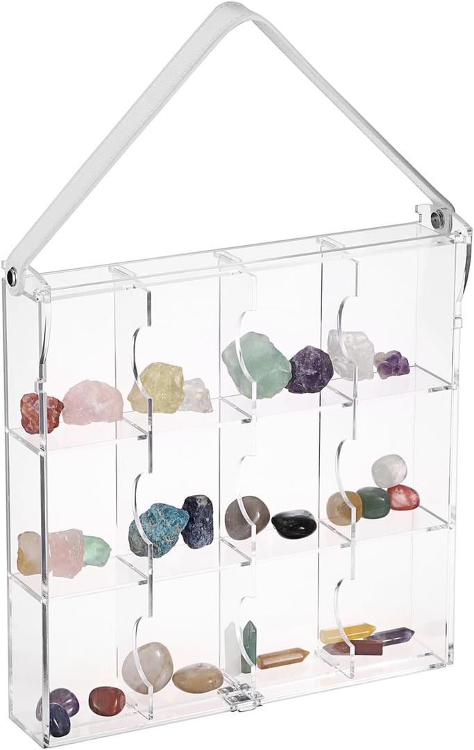 ELLDOO Adjustable Rock Display Case with PU Handle, 12 Compartments Clear Acrylic Collection Box Shadow Box, Showcase Shelves with Lid for Mineral Crystal Stones Seashell Jewelry Art Craft Supplies