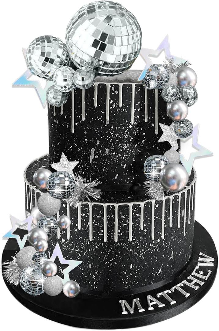 Disco Ball Cake Topper Mirror Balls Cake Decorations with Silver Stars Cake Topper for 70s 80s Disco Dance Saturday Night Fever Birthday Supplies
