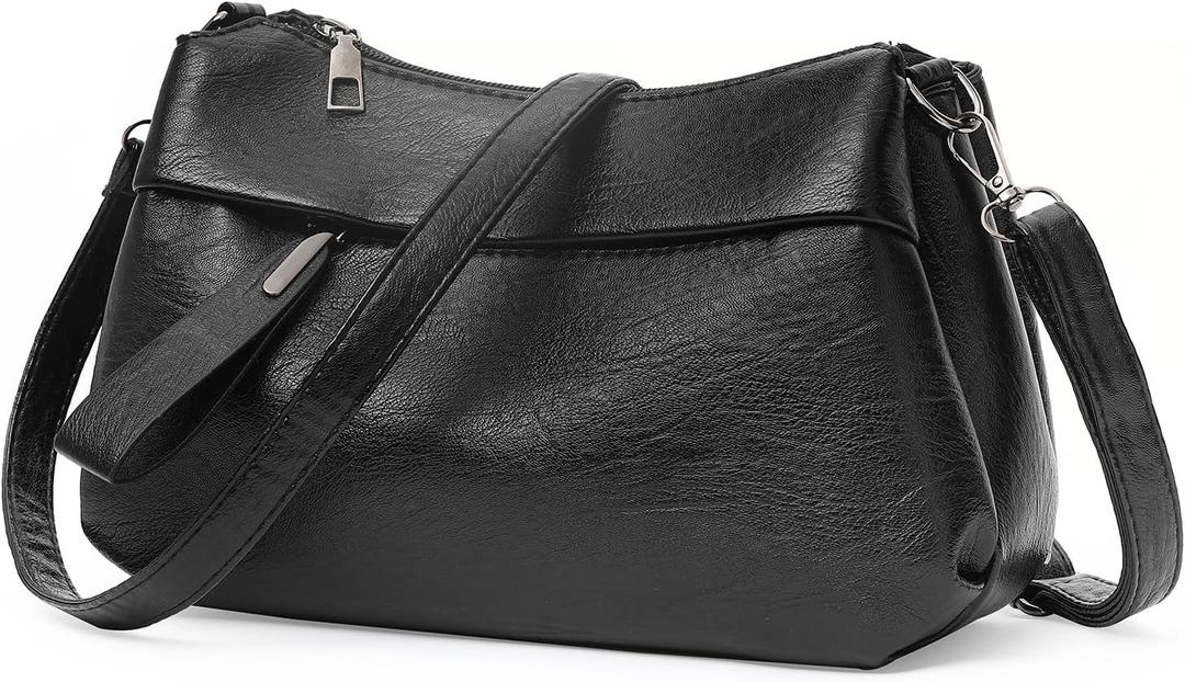 GOIACII Crossbody Bags for Women, Small Size Shoulder Handbags, Satchel Purse with Multi Zipper Pocket Soft Leather (B02 Black)