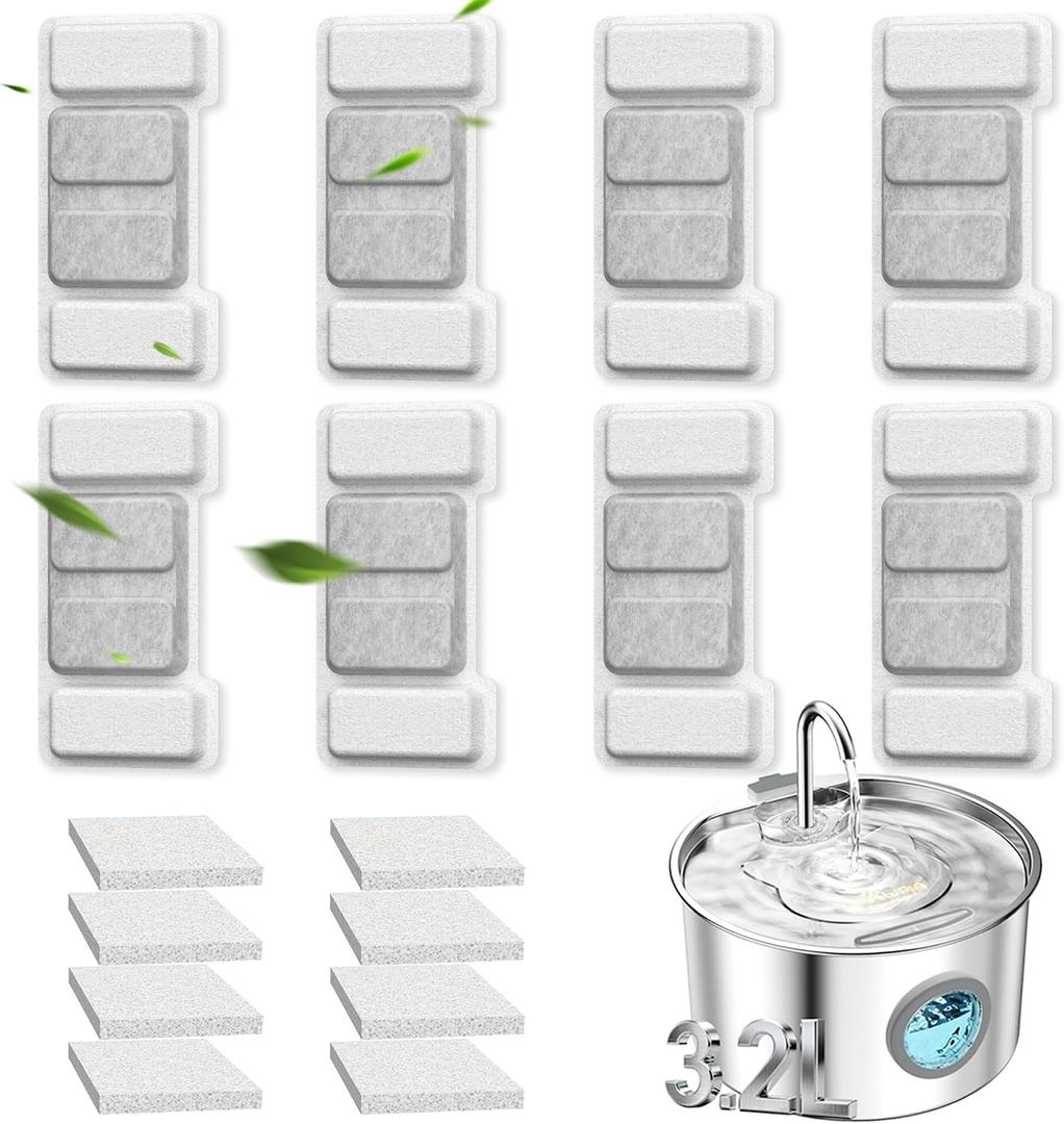 Cat Water Fountain Filter Replacement 16 Packs for UPAWPIA 3.2L Pet Water Foutain 8 Filters & 8 Sponges Water Filter for Cat Fountain