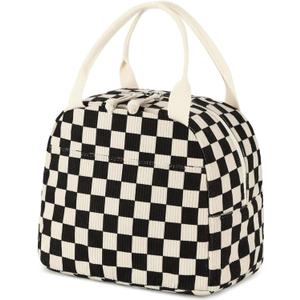 Bluboon Lunch Bag for Women Men Cute Corduroy Lunch Tote Bags Reusable Insulated Lunch Box Large Capacity Reusable Insulated Cooler for Work Picnic or Travel (Corduroy Black White checkered)