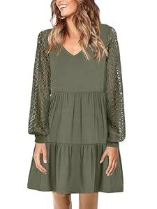 ANRABESS Dresses for Women Casual Lace Long Sleeve V Neck Tiered Swing Flowy Loose A-line Mini Short 2025 Fall Vacation Dress Medium Army Green