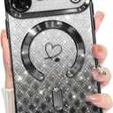 Bonoma Compatible with iPhone 17 Pro Max Case 2025 Support for MagSafe, Plating Heart Glitter Magnetic Checkered Case TPU Camera Protection Back Cover for Girls Women -Black