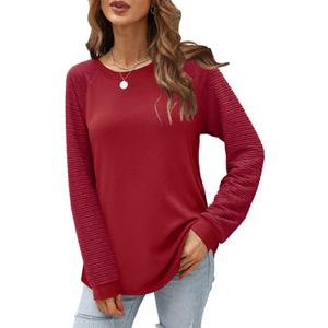 Aifer Womens Long Sleeve Shirts Crew Neck Casual Tops Fashion Loose Fit Trendy Tunic Outfits Clothes (Red, S)
