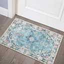 MUJOO Teal Area Rug Small Washable Rugs Non Slip Low-Pile 2'x3' Flowers Machine Washable Throw Carpet for Entryway Kitchen Bathroom Bedroom Boho Soft Indoor Vintage Floral Blue Colorful, Size: 2' x 3' (Rectangular)