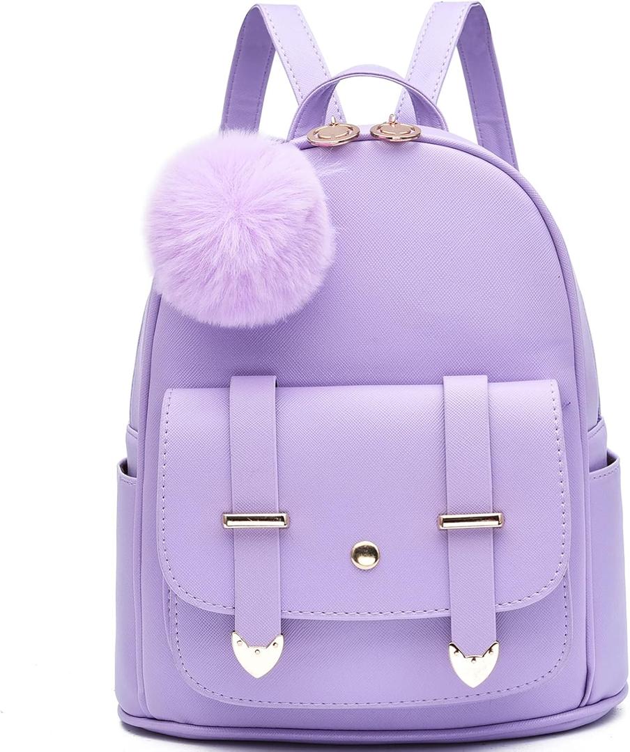 I IHAYNER Girls Fashion Backpack Mini Backpack Purse for Women Teenage Girls Purses PU Leather Pompom Backpack Shoulder Bag