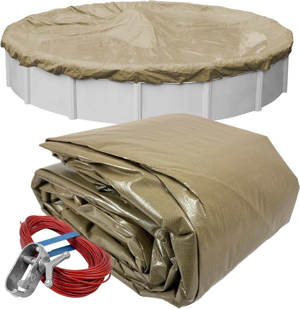 Robelle 33 ft Professional Defender Pool Cover for Above Ground Pools | Tan Winter Pool Cover, 4 ft Overlap (37ft Cover Size), Solid 12 x 12 Scrim, 3.7 oz/yd2, Style: 5733-4-ROBA