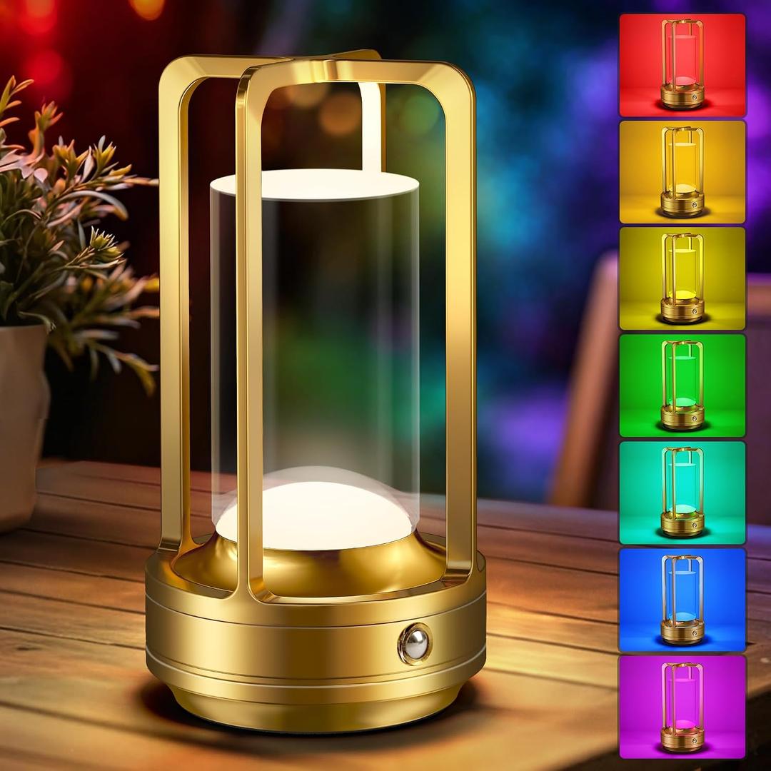 Portable Table Lamp for Outdoor Indoor: Cordless Rechargeable Desk Lamp with 10 Colors - Shower Lamp with Stepless Dimmable - Metal Battery Operated Lantern Light for Bedroom/Bar/Coffee Shop/Camping