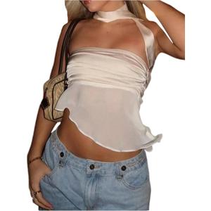 SOLY HUX Women's Ruched Satin Crop Tube Top Strapless Asymmetrical Mesh Sheer Tops with Scarf (Medium)