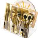 Rzoklot Acrylic Utensil Caddy with Bamboo Handle, Clear Silverware Organizer with Labeled Compartments & Plate Holder, Portable Cutlery Holder for Kitchen Counter, Buffet, Picnic, Party