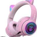 Cat Ear Gaming Headphones Wired AUX 3.5mm with LED Light, VIGROS Flashing Stereo Game Headphones Surround Sound Over-Ear Headsets with Microphone Fit Kids & Adult for PC, PS4, Switch, Mobile, Laptop (Pink)