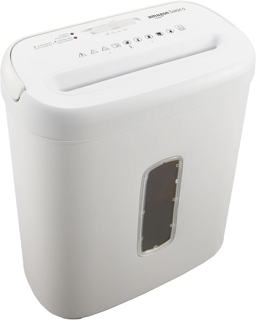 Amazon Basics Cross Cut Paper and Credit Card Shredder for Security - 8-Sheet, Heavy Duty, White (8 Sheet - White)