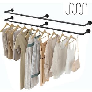 Industrial Pipe Clothes Rack with 3 S-shaped Hooks, 72'L Wall Mounted Garment Rack, Heavy Duty Iron Garment Bar, Clothes Hanging Rod Bar for Laundry Room, Max Load 135Lb Black (2 Package)