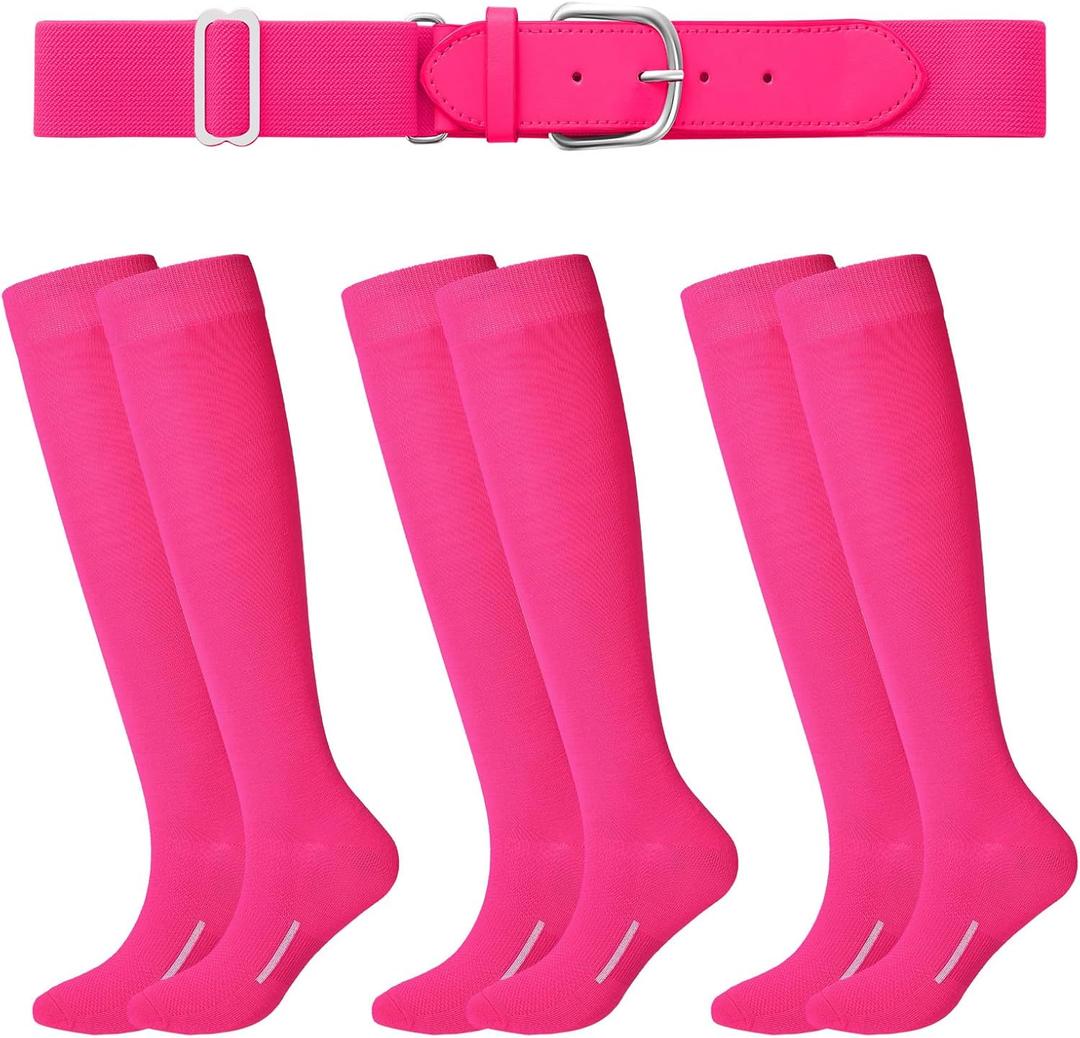 Haysandy Baseball or Softball Sock and Belt Combo Set 3 Football Baseball Socks with Softball Belt for Youth Boys Kids (Pink)