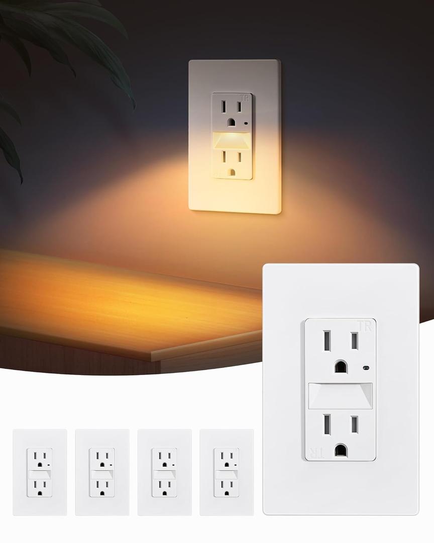 SURAIELEC 15AMP Outlet with Nightlight, Dusk to Dawn Guide Light, Electrical Receptacle with LED Night Light 3000K, Tamper Resistant Outlet, ETL Listed, Screwless Wall Plate Included, White, 5 Pack