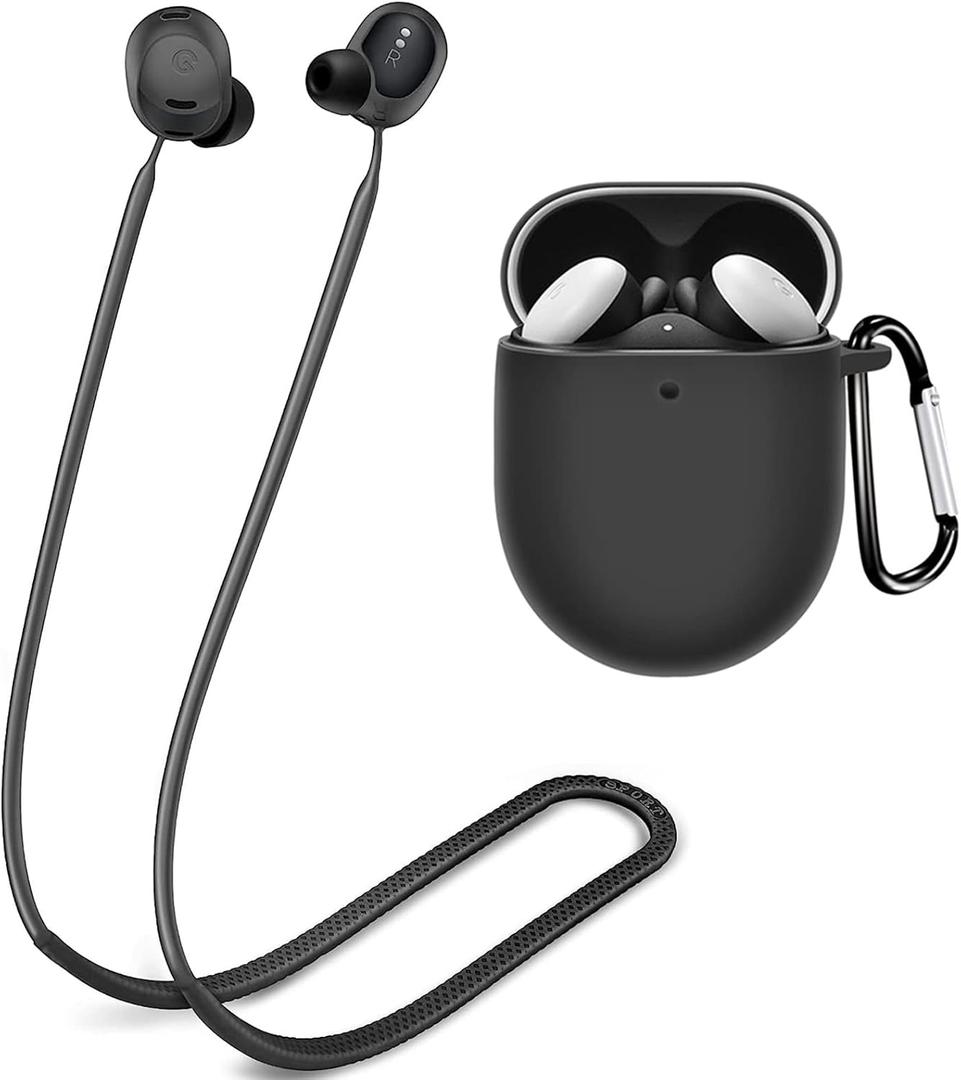 (1+1) Miimall Compatible for Google Pixel Buds Pro Case with Strap, Soft Silicone Keychain Protective Case Cover + Anti-Lost Neck Strap for Pixel Buds Pro 2022 Accessories (Black)