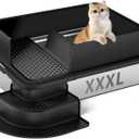 XXXL Stainless Steel Litter Box, 28"x20"x12" Extra Large Semi Enclosed High Sided Metal Cat Litter Box with Filtered Grid, Step, Scoop, Non-Sticky, Non-Odor, Easy Cleaning (Black)