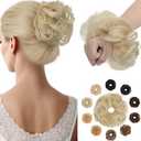 Hairro Human Hair Messy Bun, 100% Real Ponytail Hair Scrunchies, Natural Curly Chignon Fluffy Donut Updo, Hairpiece with Elastic Rubber Band for Women, 1 Count Bleach Blonde Wavy