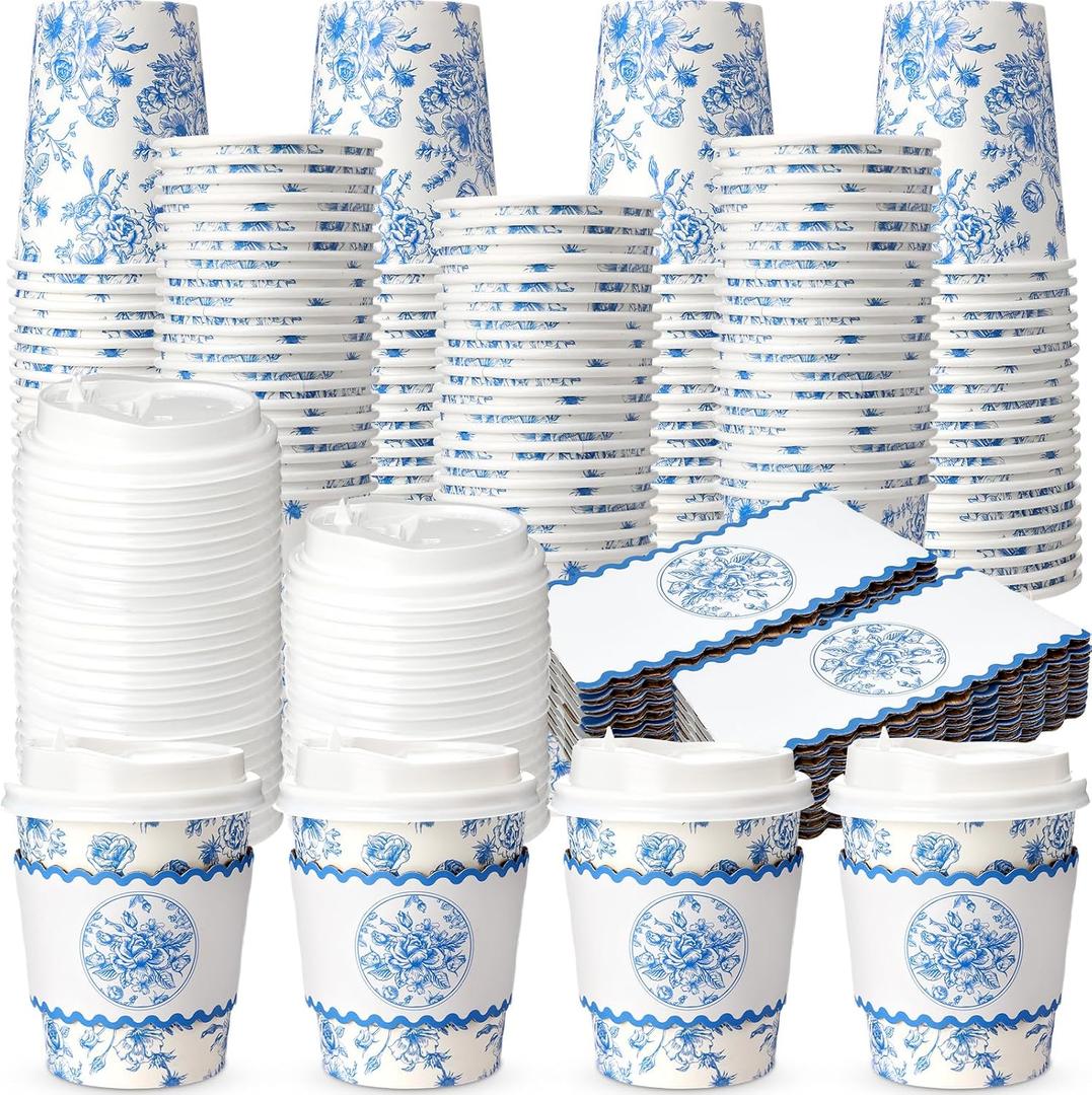 Jingmore 100 Sets Floral Paper Coffee Cups with Lids and Sleeves 8oz Vintage Flower Disposable Drinking Cups Bulk for Birthday Wedding Bridal Shower Tea Party Supplies (Blue) (EXP 01/01/26)
