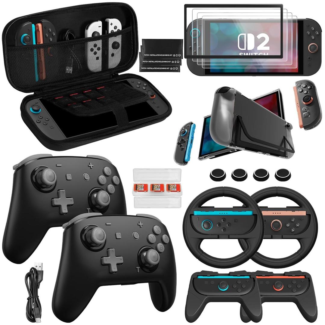 Pro Controllers Accessories Bundle for Nintendo Switch 2 20-in-1: Wireless Controllers, Carrying Case, Screen Protectors, Dockable Console Protective Case, Steering Wheels and Thumb Grips for Joysticks - Grey
