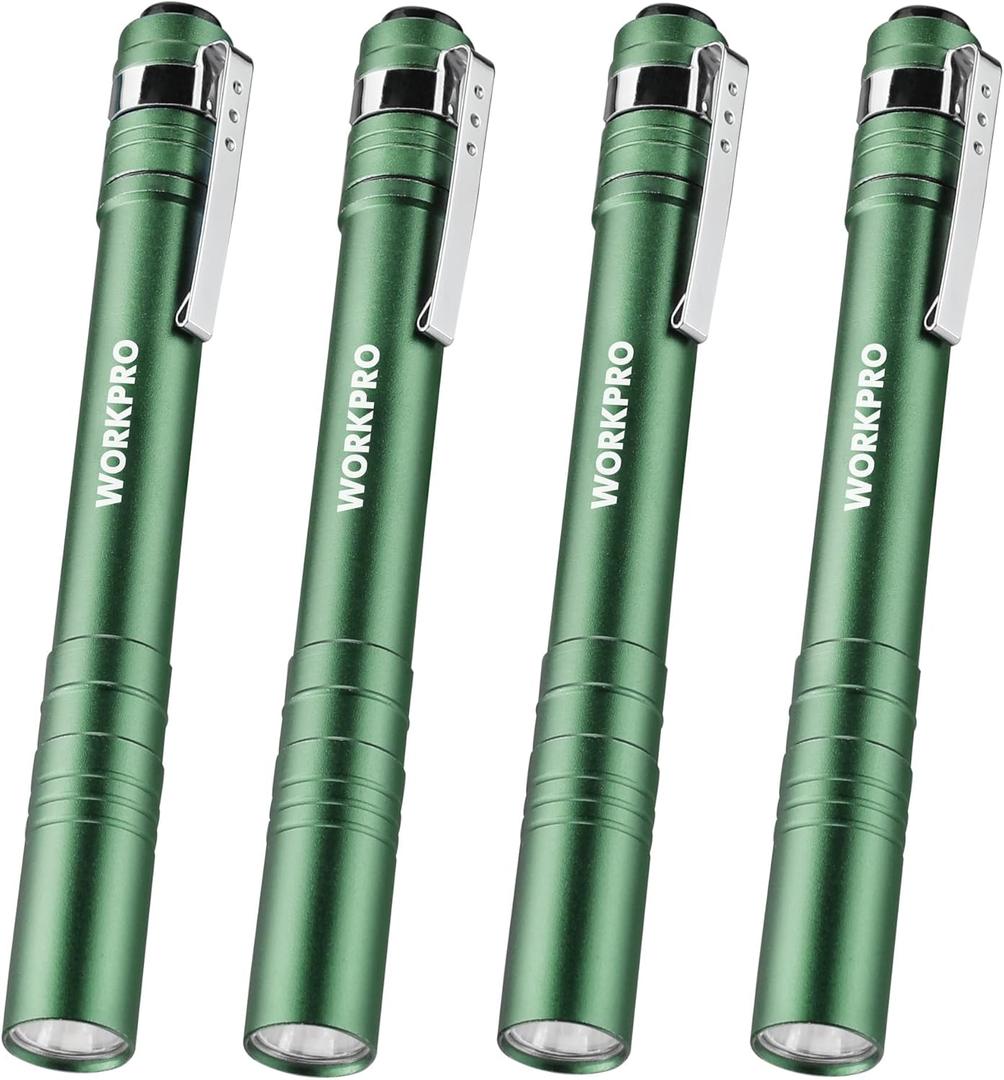 WORKPRO LED Pen Light, Aluminum Pen Flashlights, Pocket Flashlight with Clip for Inspection, Emergency, Everyday, 2AAA Batteries Include, Green(4-Pack)